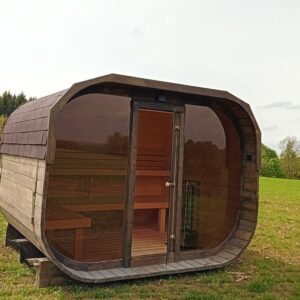 Ovale Fasssauna 2,65 x 3,05 m mit Holzofen – Premium Gartensauna mit Glasfront