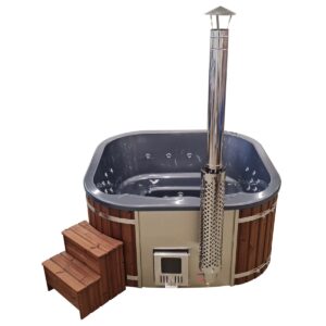 Quadratischer Hot Tub (200 x 200 cm) mit Thermoholz und integriertem Holzofen – Acrylwanne und 12 Hydrodüsen