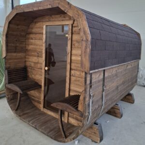 Halbrunde Fasssauna 3 Meter aus Fichte – Outdoor Gartensauna mit Holzofen