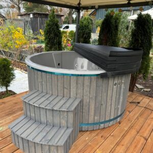 Hot Tub XL (Ø 225 cm) mit Thermoholz und externen Holzofen – Badefass mit Acrylwanne & Luftdüsen