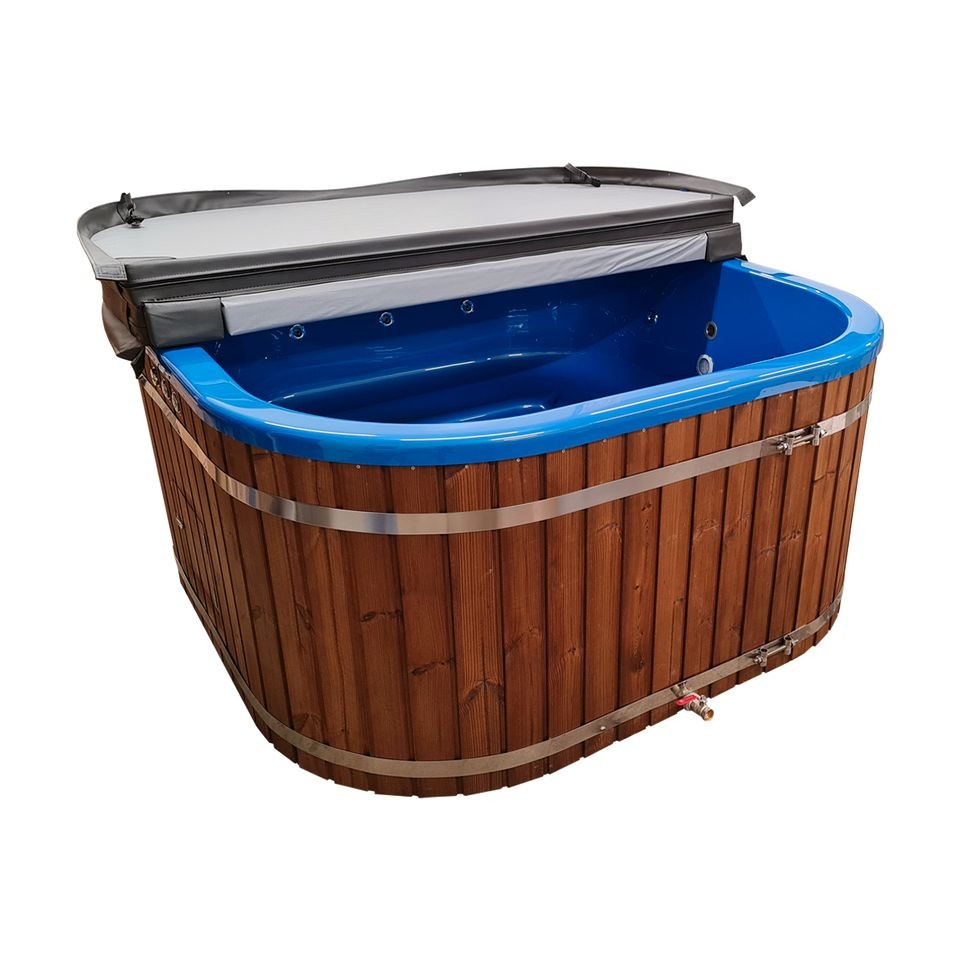 Quadratischer Hot Tub (200 x 200 cm) mit Thermoholz und externem Holzofen – Acrylwanne und 12 Hydrodüsen – Bild 2