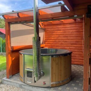 Hot Tub XL (Ø 225 cm) mit Thermoholz und integriertem Holzofen – Badefass mit GFK-Wanne & 12 Luftdüsen