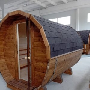 Runde Fasssauna 3 Meter aus Fichte – Outdoor Gartensauna mit Holzofen