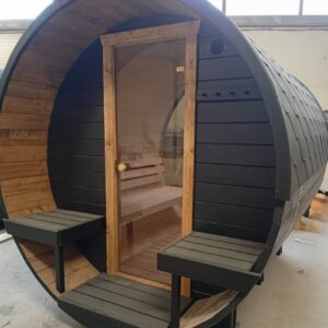 Runde Fasssauna 4 Meter aus Fichte – Outdoor Gartensauna mit Elektroofen
